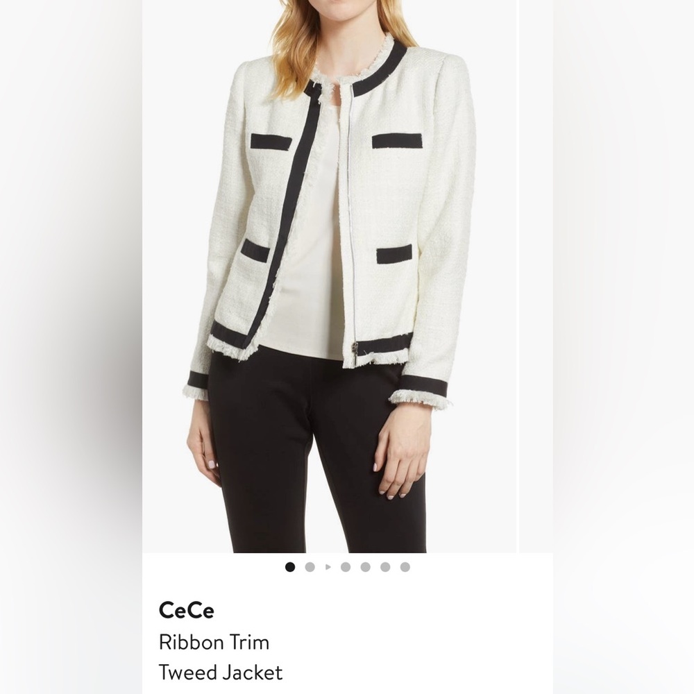 CeCe Ribbon Trim Tweed White Blazer EUC